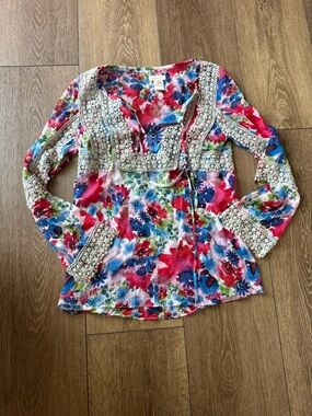 Sundance Floral Crochet-Trim Women's Long Sleeve Blouse Top - Pink Multi